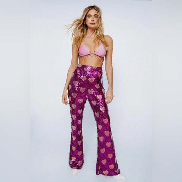NastyGal Petite Heart Sequin Flare Pants Size 14 NWT - Picture 1 of 9